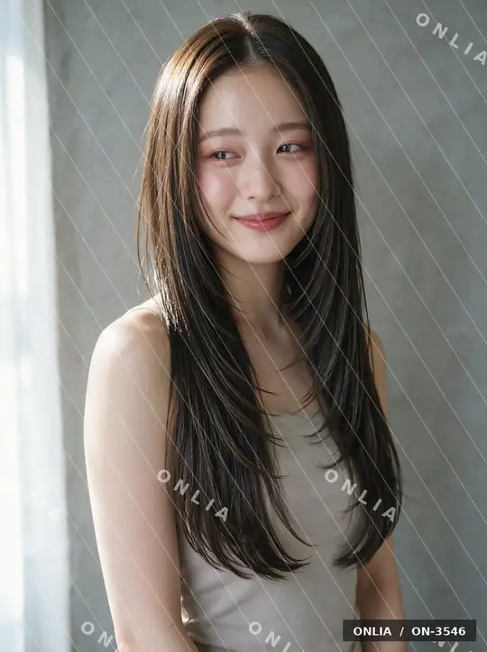 ブラウン 外ハネロングのヘアスタイル写真（AIで作った架空の人物）