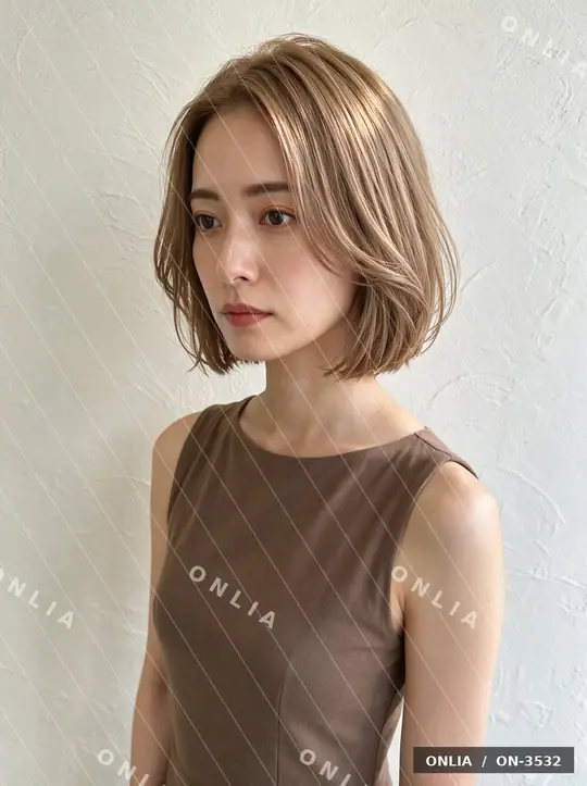 ミルクティーベージュ ゆるウェーブショートのヘアスタイル写真（AIで作った架空の人物）