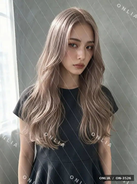 ラベンダーベージュ ゆるウェーブミディアムのヘアスタイル写真（AIで作った架空の人物）