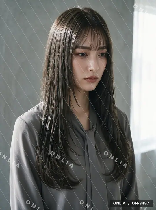 ダークグレージュ 内巻きセミロングのヘアスタイル写真（AIで作った架空の人物）