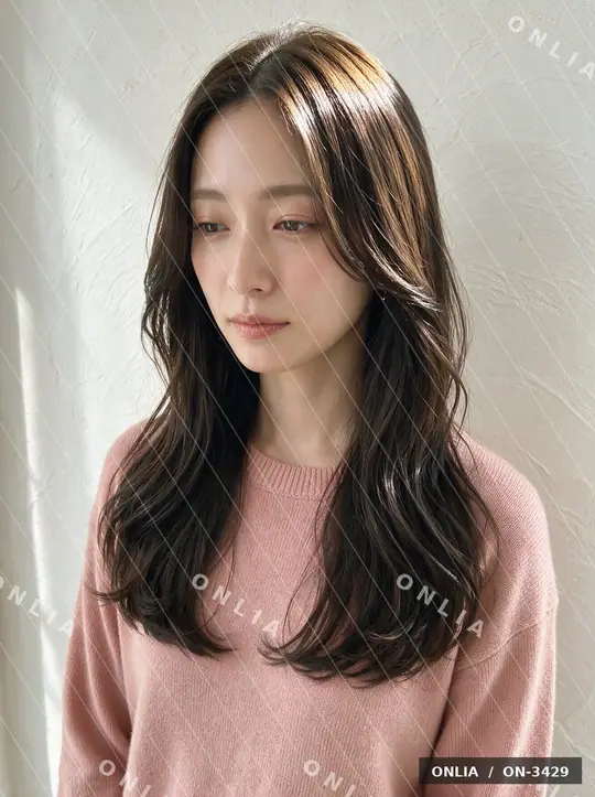 チェスナットブラウン カーテンバングミディアムのヘアスタイル写真（AIで作った架空の人物）