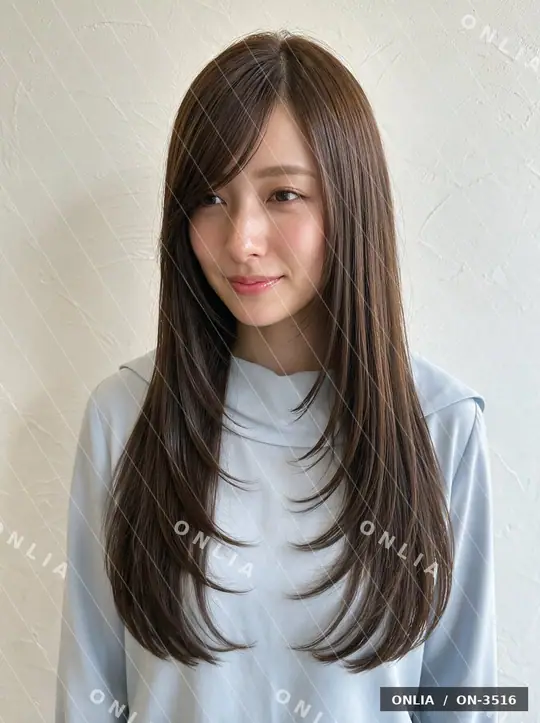 ブラウン 外ハネロングのヘアスタイル写真（AIで作った架空の人物）