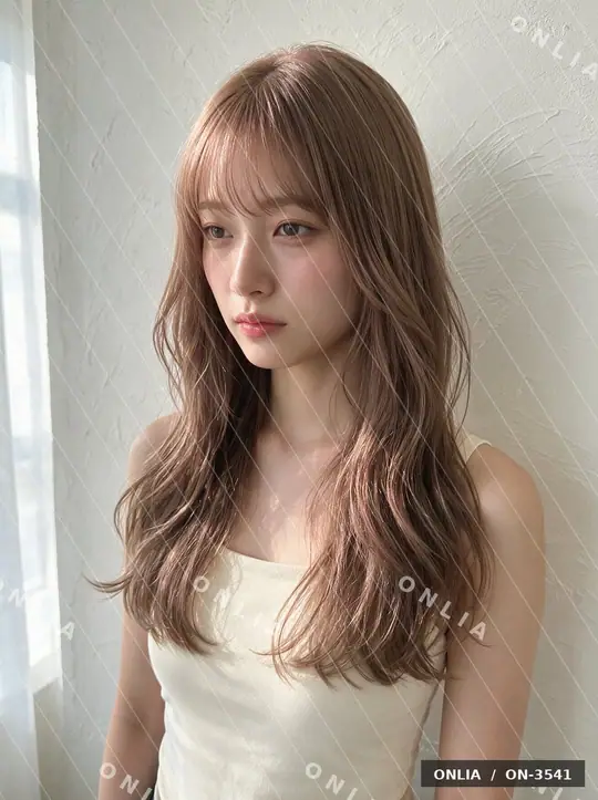 ピンクベージュ ゆるウェーブミディアムのヘアスタイル写真（AIで作った架空の人物）