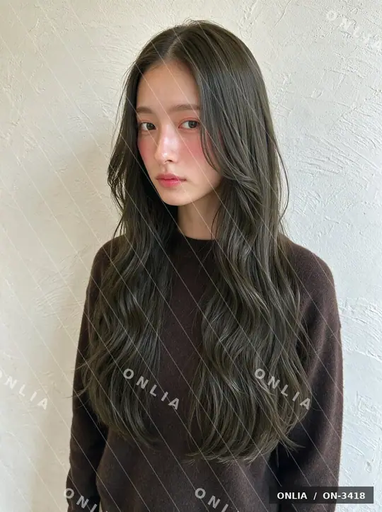 オリーブグレージュ ロング（段あり S波・血色・Pro Q1）のヘアスタイル写真（AIで作った架空の人物）