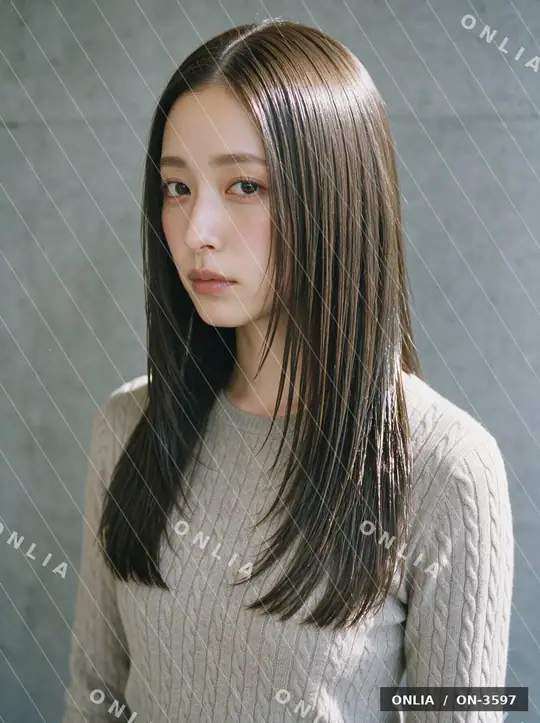グレージュ ストレートミディアムのヘアスタイル写真（AIで作った架空の人物）