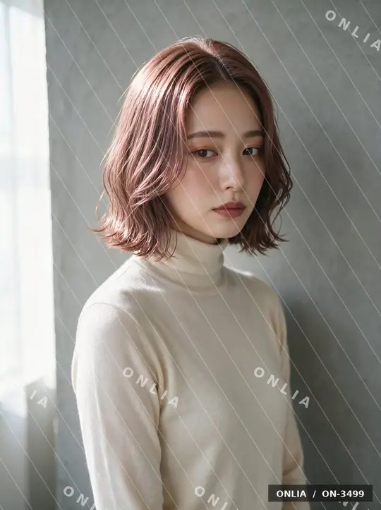 ピンクベージュ ゆるウェーブボブのヘアスタイル写真（AIで作った架空の人物）