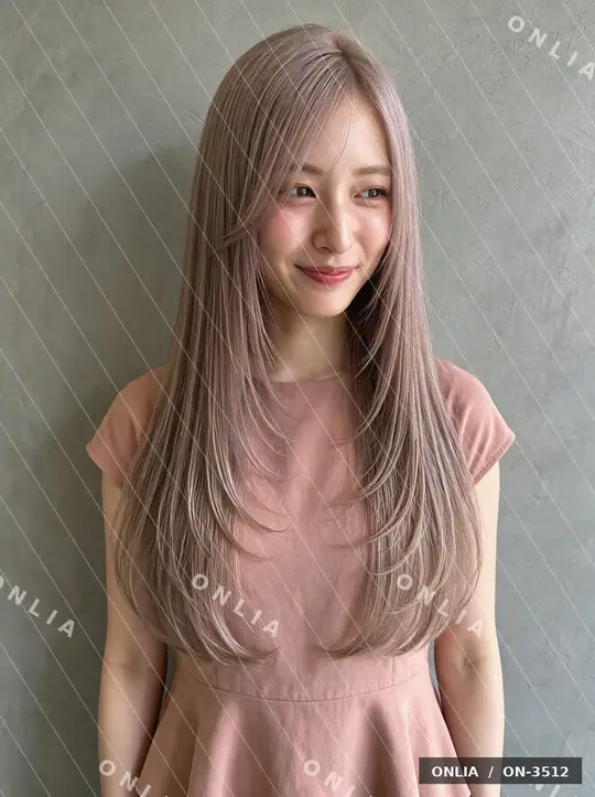 ラベンダーベージュ 外ハネロングのヘアスタイル写真（AIで作った架空の人物）