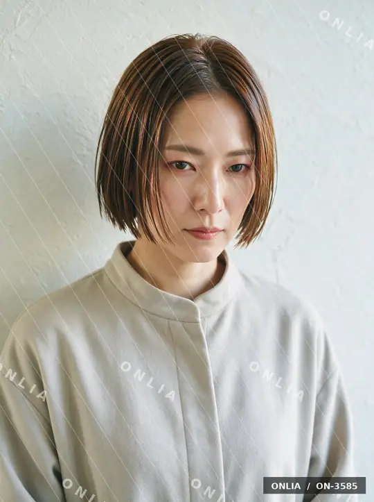 チェスナットブラウン ストレートショートのヘアスタイル写真（AIで作った架空の人物）