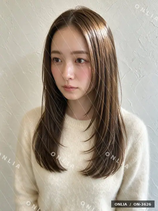 スモーキーブラウン 内巻きセミロングのヘアスタイル写真（AIで作った架空の人物）