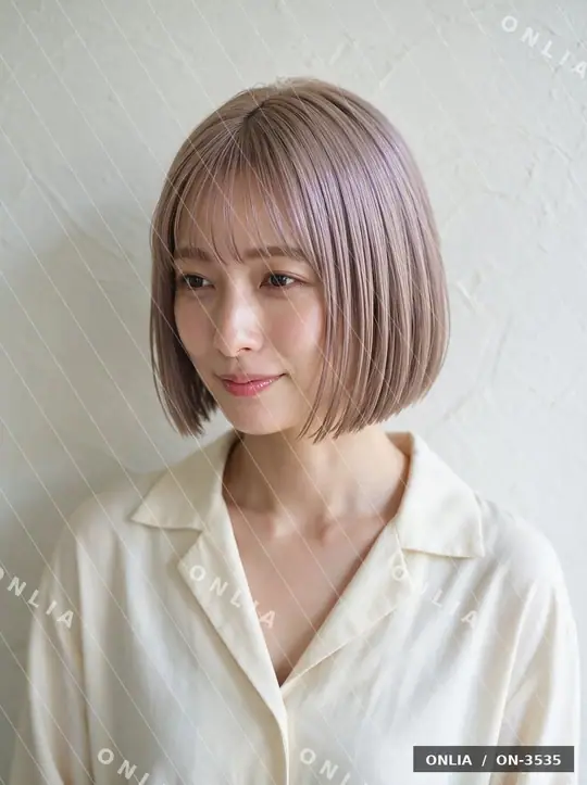 ラベンダーベージュ ストレートボブのヘアスタイル写真（AIで作った架空の人物）