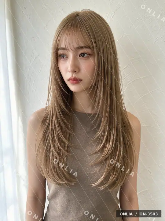ミルクティーベージュ 外ハネセミロングのヘアスタイル写真（AIで作った架空の人物）