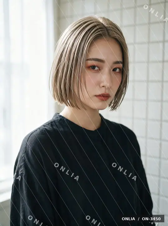グレージュ ストレートショートのヘアスタイル写真（AIで作った架空の人物）