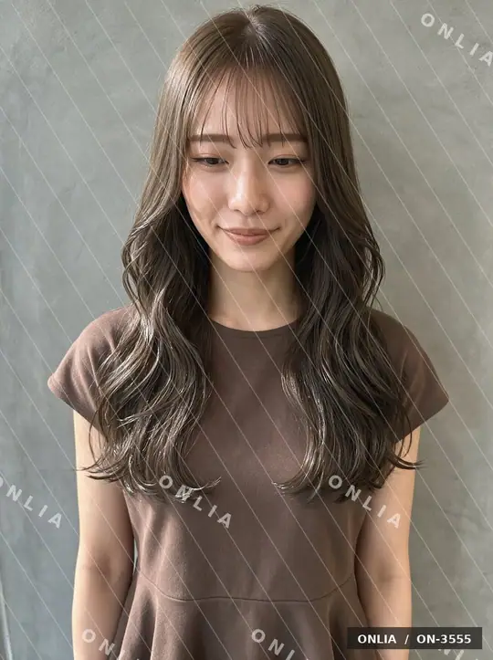 アッシュブラウン ウェーブミディアムのヘアスタイル写真（AIで作った架空の人物）