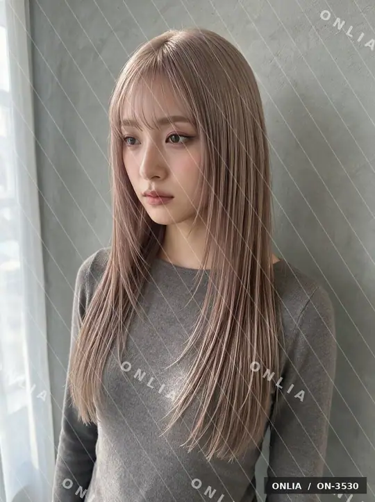 ラベンダーベージュ ストレートセミロングのヘアスタイル写真（AIで作った架空の人物）