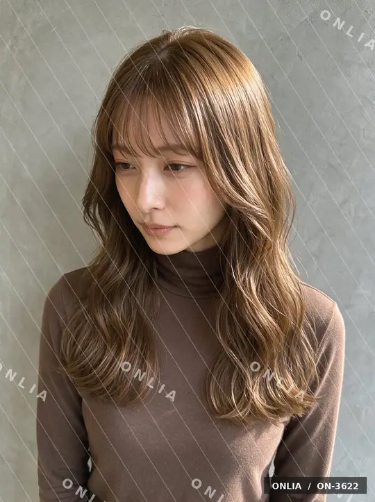 ミルクティーベージュ ウェーブセミロングのヘアスタイル写真（AIで作った架空の人物）