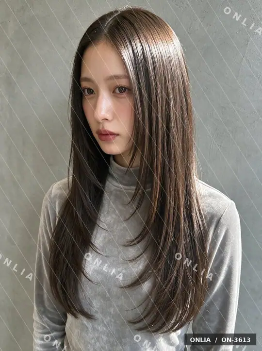アッシュブラウン 外ハネロングのヘアスタイル写真（AIで作った架空の人物）