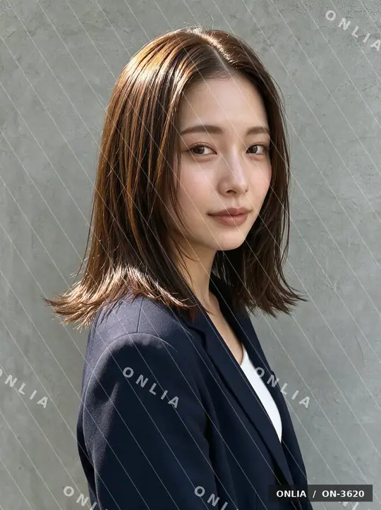 チェスナットブラウン 外ハネミディアムのヘアスタイル写真（AIで作った架空の人物）