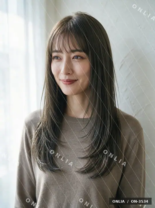 グレージュ 外ハネセミロングのヘアスタイル写真（AIで作った架空の人物）