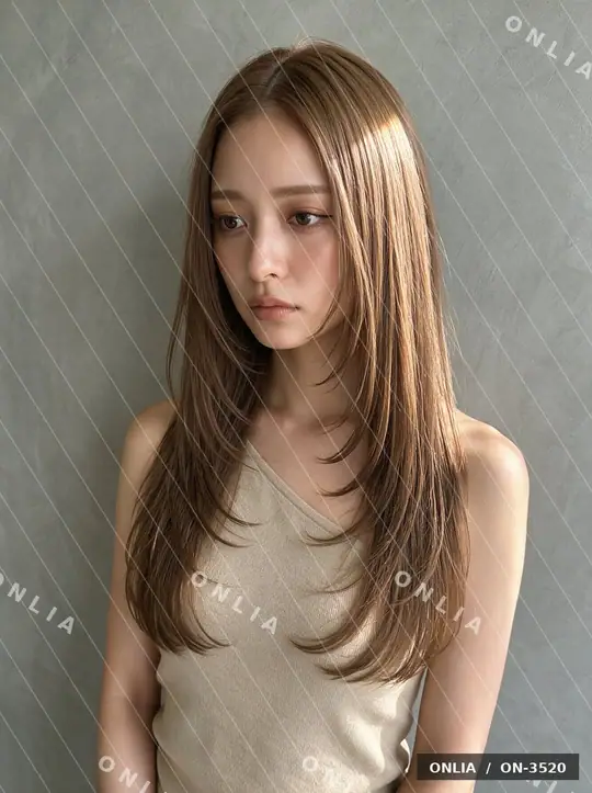 ミルクティーベージュ 外ハネロングのヘアスタイル写真（AIで作った架空の人物）
