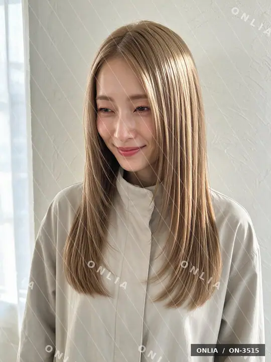 ミルクティーベージュ ストレートミディアムのヘアスタイル写真（AIで作った架空の人物）