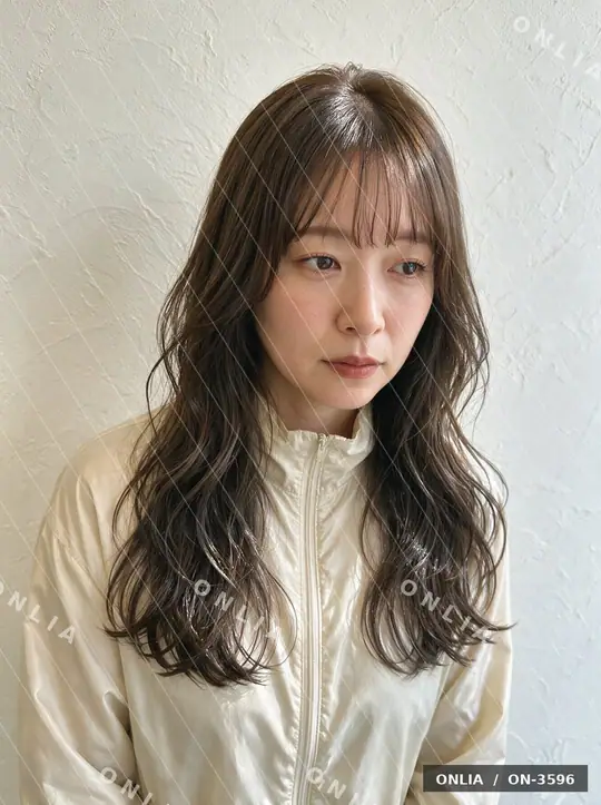 アッシュブラウン ゆるウェーブセミロングのヘアスタイル写真（AIで作った架空の人物）