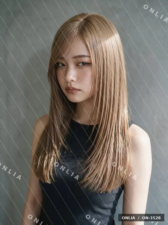 ミルクティーベージュ ストレートミディアムのヘアスタイル写真（AIで作った架空の人物）