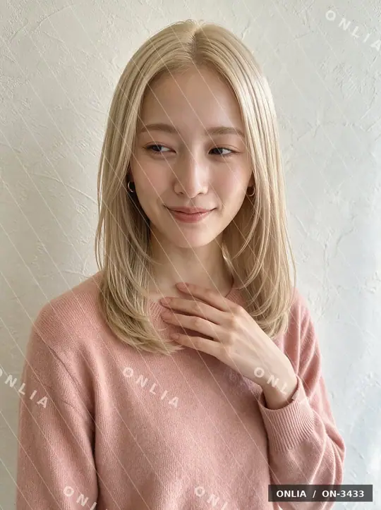 ライトベージュ 内巻きミディアムのヘアスタイル写真（AIで作った架空の人物）