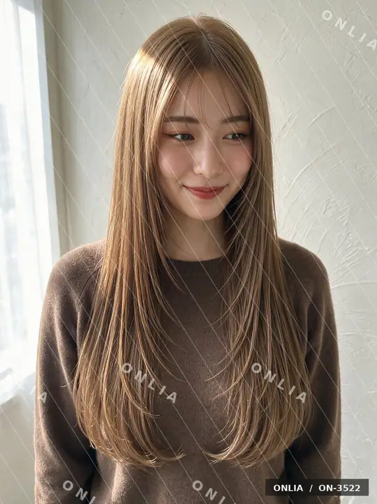 ミルクティーベージュ 内巻きロングのヘアスタイル写真（AIで作った架空の人物）