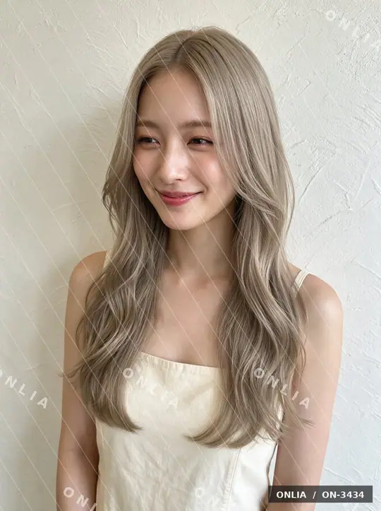 グレージュ カーテンバングミディアムのヘアスタイル写真（AIで作った架空の人物）