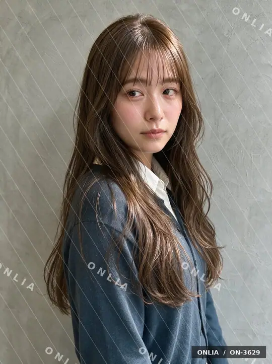 スモーキーブラウン ゆるウェーブロングのヘアスタイル写真（AIで作った架空の人物）
