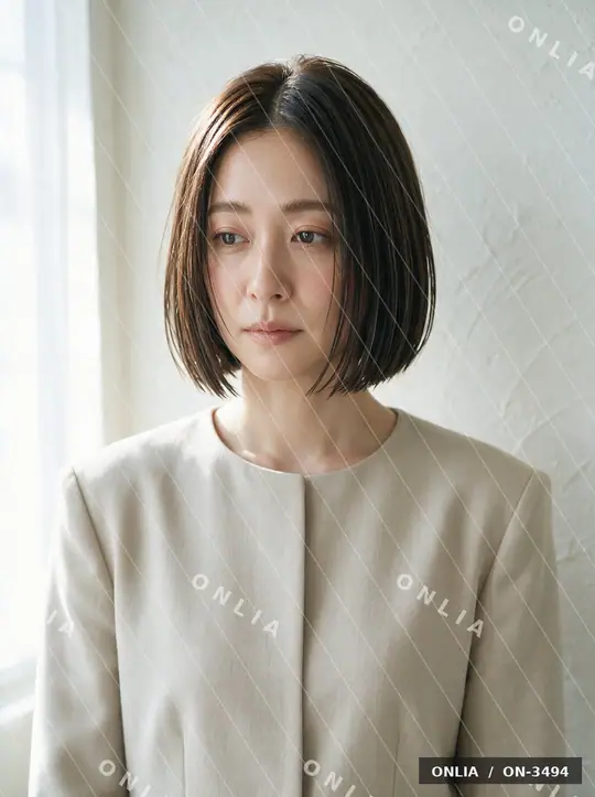 ダークブラウン ストレートボブのヘアスタイル写真（AIで作った架空の人物）