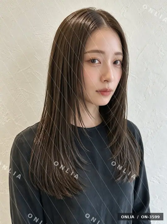 アッシュブラウン ストレートミディアムのヘアスタイル写真（AIで作った架空の人物）