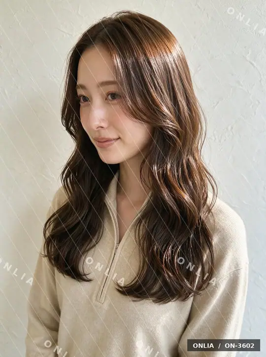 チェスナットブラウン ウェーブミディアムのヘアスタイル写真（AIで作った架空の人物）