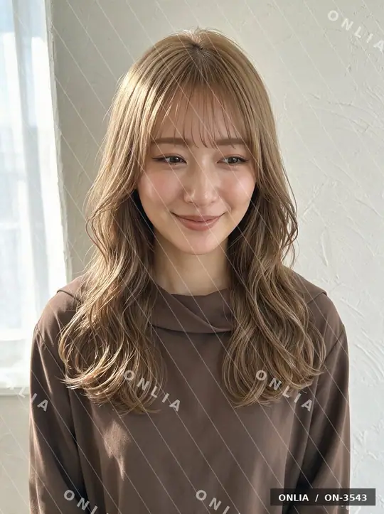 ミルクティーベージュ ゆるウェーブショートのヘアスタイル写真（AIで作った架空の人物）