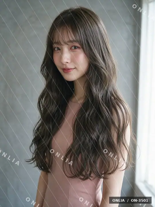 グレージュ ウェーブロングのヘアスタイル写真（AIで作った架空の人物）