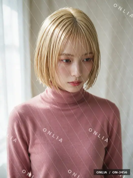 ベージュブロンド ストレートショートのヘアスタイル写真（AIで作った架空の人物）