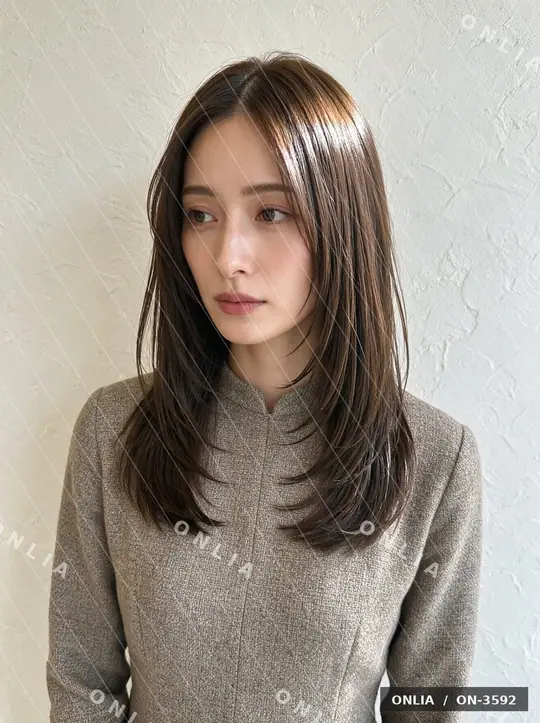 アッシュブラウン 外ハネミディアムのヘアスタイル写真（AIで作った架空の人物）