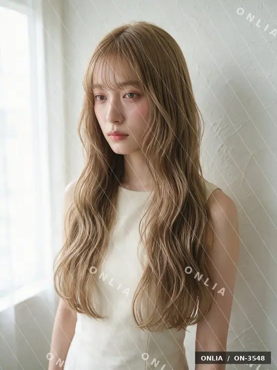 ミルクティーベージュ ウェーブロングのヘアスタイル写真（AIで作った架空の人物）
