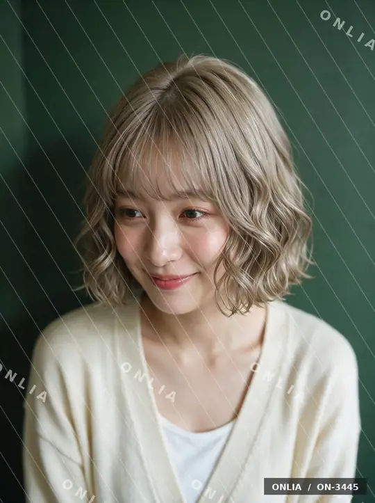 グレージュ ウェーブボブのヘアスタイル写真（AIで作った架空の人物）