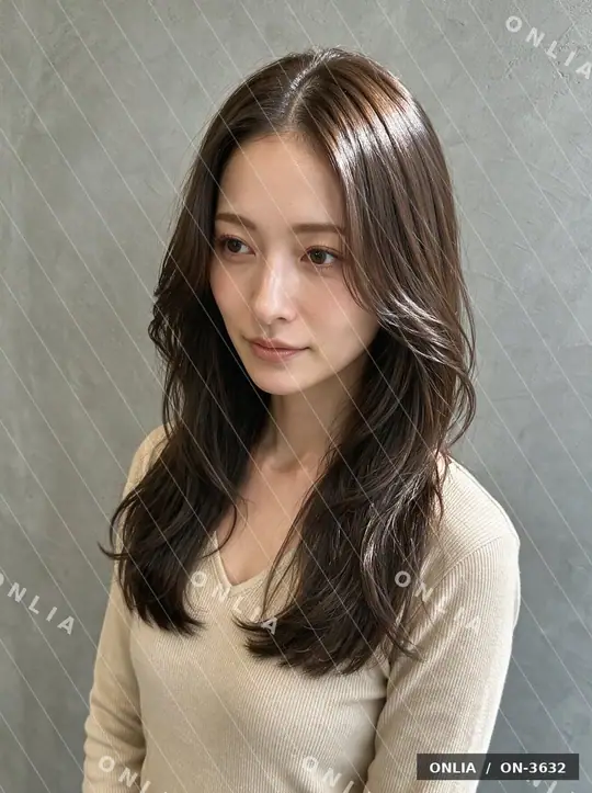 アッシュブラウン ウェーブミディアムのヘアスタイル写真（AIで作った架空の人物）