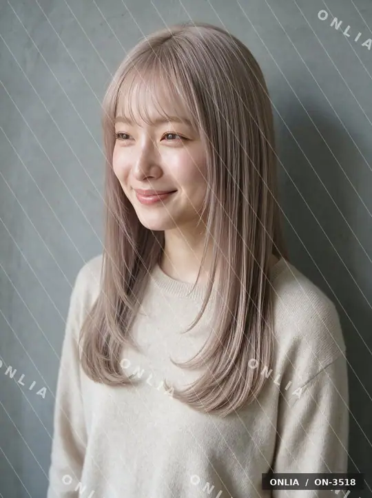 ラベンダーベージュ 内巻きミディアムのヘアスタイル写真（AIで作った架空の人物）