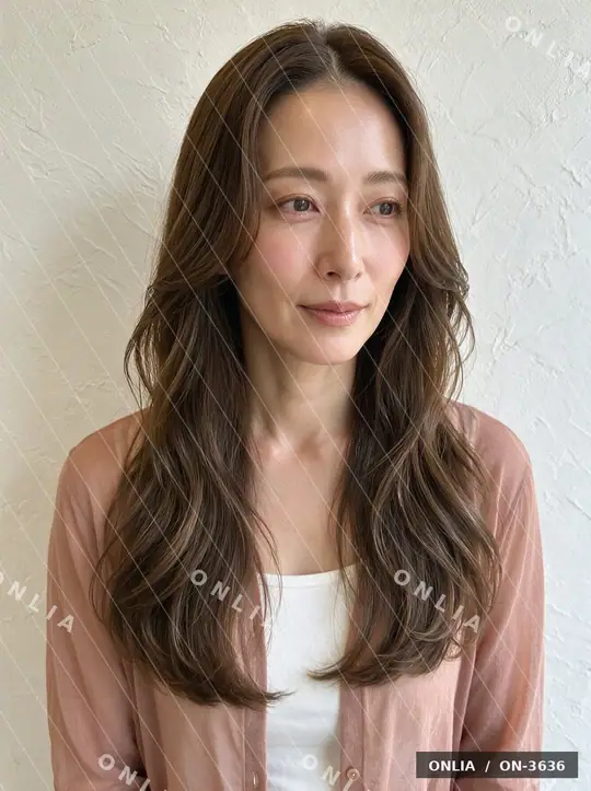 スモーキーブラウン ウェーブセミロングのヘアスタイル写真（AIで作った架空の人物）