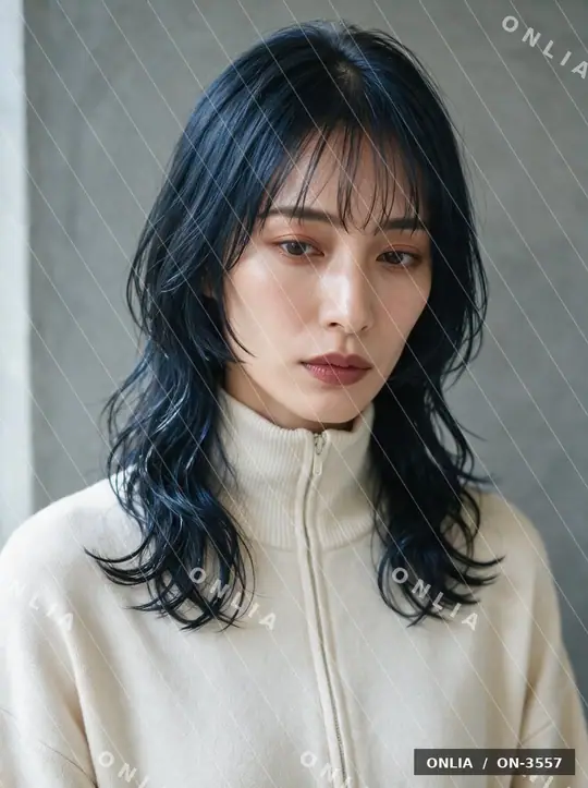 ブルーブラック ゆるウェーブショートのヘアスタイル写真（AIで作った架空の人物）