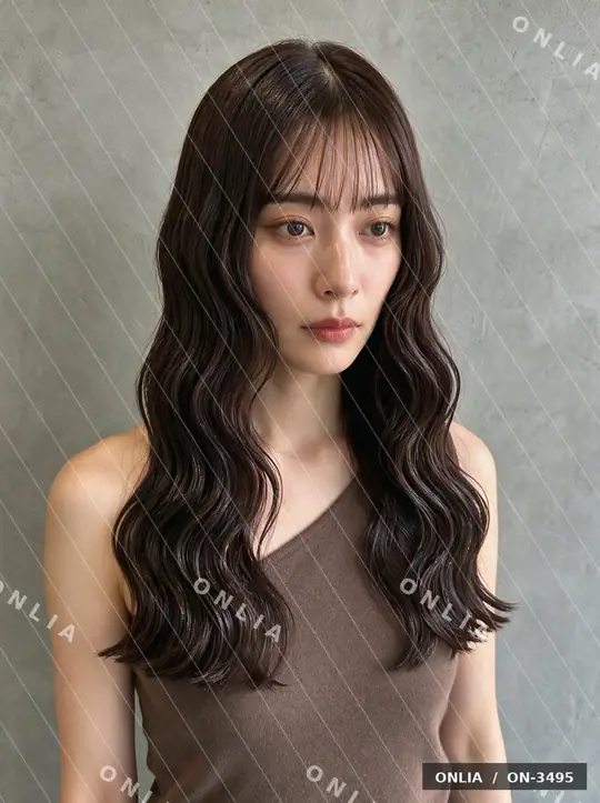 ダークブラウン ウェーブミディアムのヘアスタイル写真（AIで作った架空の人物）