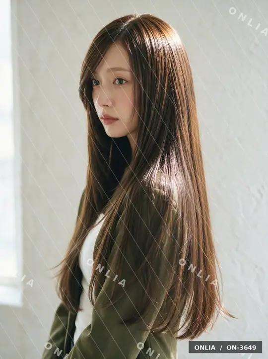チェスナットブラウン 外ハネロングのヘアスタイル写真（AIで作った架空の人物）
