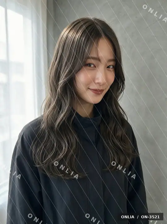 グレージュ ウェーブミディアムのヘアスタイル写真（AIで作った架空の人物）