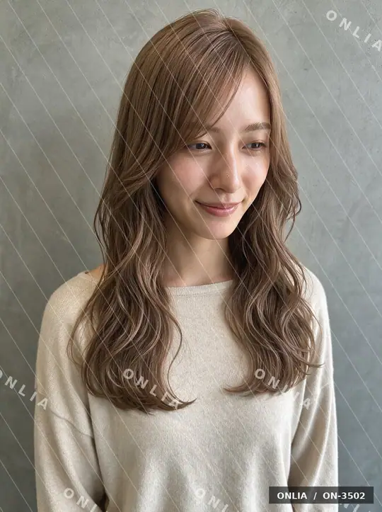 ピンクベージュ ウェーブミディアムのヘアスタイル写真（AIで作った架空の人物）