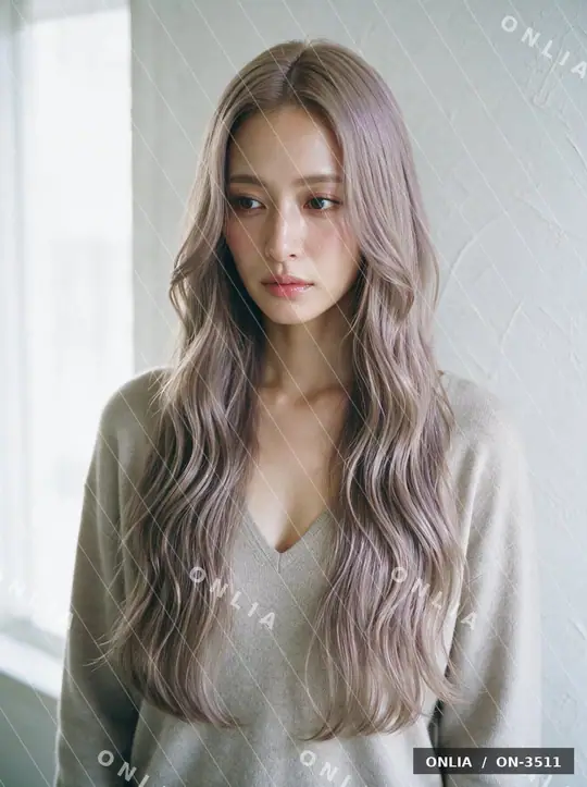 ラベンダーベージュ ウェーブロングのヘアスタイル写真（AIで作った架空の人物）