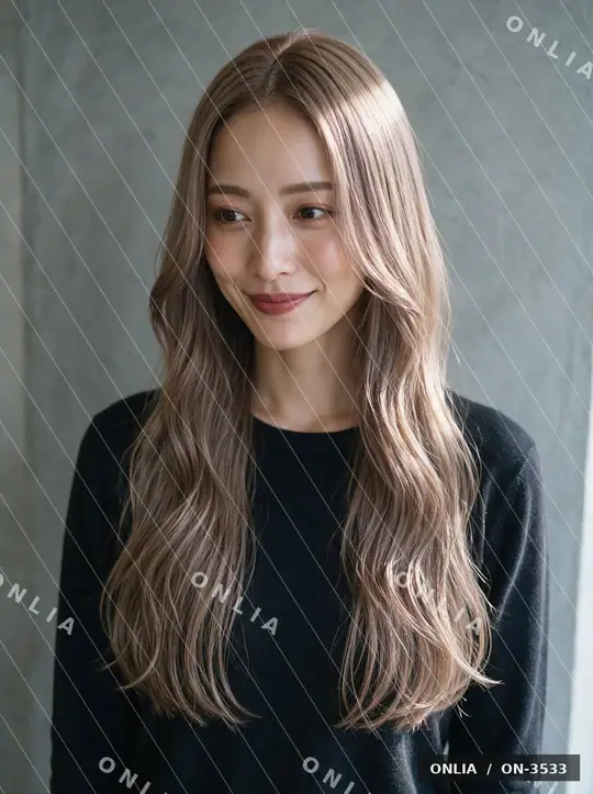 ラベンダーベージュ ウェーブロングのヘアスタイル写真（AIで作った架空の人物）