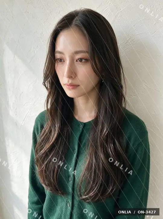 ダークブラウン ウェーブロングのヘアスタイル写真（AIで作った架空の人物）